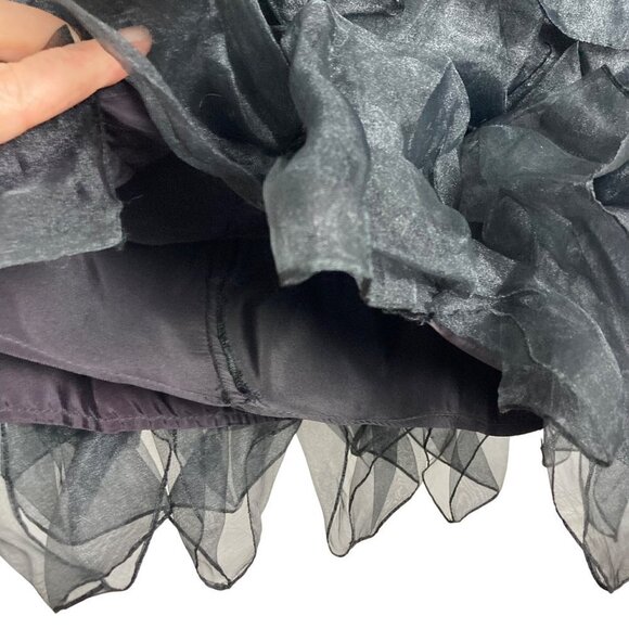 Vintage 80s Tadashi Black Velvet Dress 4 Organza Ruffle Bottom Long Sleeve - Picture 5 of 11